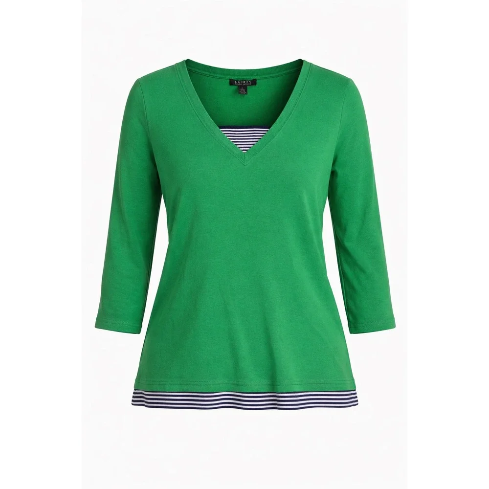 Lauren Ralph Lauren Green V‎ Neck Layered Top XL Cotton